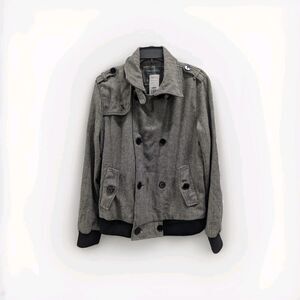 Women's Herringbone Wool Blend Bomber Jacket Coat Double Breasted Military